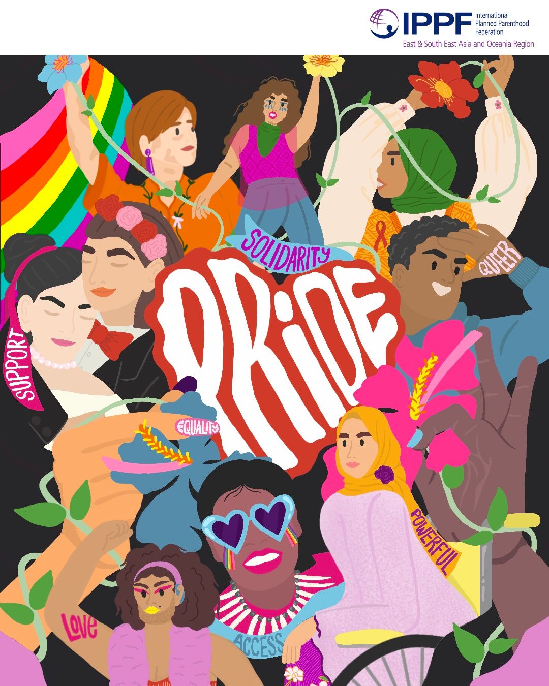  vibrant digital illustration of diverse LGBTQ+ people celebrating Pride. The word “PRIDE” is centered in large bold letters, surrounded by people of different gender expressions, skin tones, body types, and cultural backgrounds. Words like “Equality,” “Support,” “Access,” “Queer,” “Love,” and “Powerful” are woven through the design. 