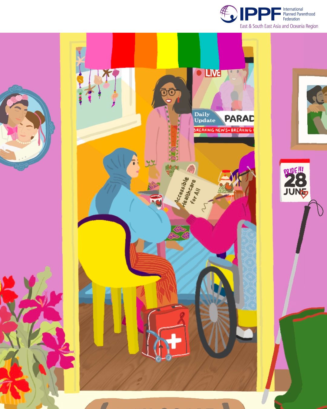 A cozy, colorful room shows queer and trans people gathered around a table. A rainbow flag hangs above a door; a TV shows Pride parade coverage. A person in a wheelchair holds a sign reading “Accessible Healthcare for All.” Medical kits and posters symbolise care and activism. On the wall is a calendar marked “June 28 – Pride.” The space is decorated with flowers, framed queer couples, and a doormat reading “WELCOME.” 