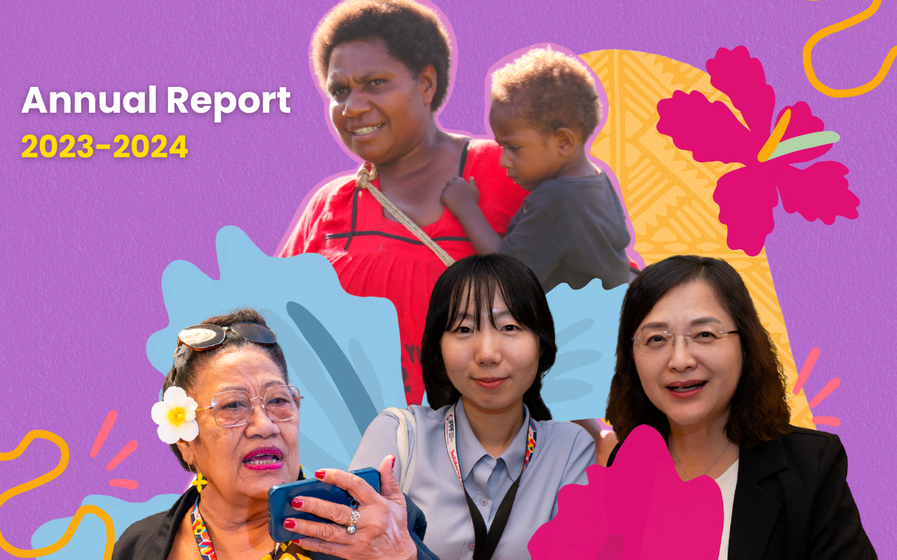 A vibrant collage-style cover featuring diverse people from the East, Southeast Asia, and Pacific regions. Centered are five individuals: an elderly Pacific Island woman holding a phone and wearing a flower in her hair; a Korean woman with a lanyard; an older East Asian woman smiling in black formalwear; a Papua New Guinean mother holding a young child; and two Indonesian women on a motorbike—one riding and one seated behind with a delivery bag. Bright floral and abstract design elements frame the figures a