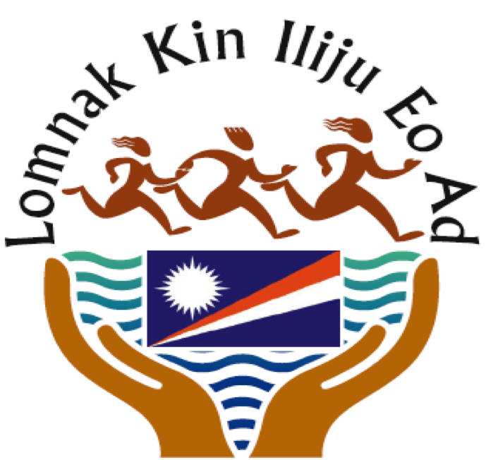 Logo featuring three stylized figures running above a pair of protective hands holding the flag of the Marshall Islands over ocean waves. The text "Lomnak Kin Iliju Eo Ad" arches above the figures.