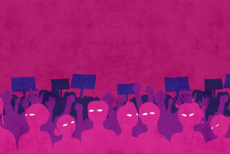 a crowd of people holding signs in front of a pink background.