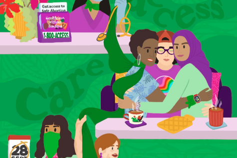 An illustration showing diverse people advocating for safe abortion, set against a green background with the words “Care,” “Access,” and “Choice.” At the top, a masked healthcare provider in purple holds a stethoscope beside a sign that reads “Get access to safe abortion” and a hotline number. In the middle, three people sit together in solidarity: one wearing a rainbow shirt, another in a hijab, and one draped in a green scarf, with tea and snacks on the table. 