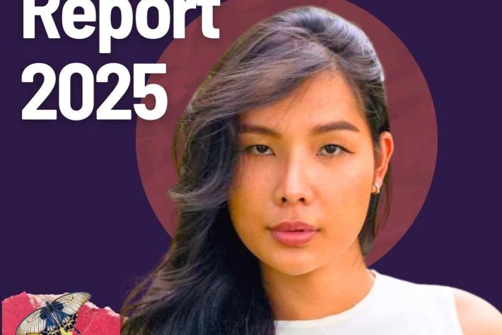 A vibrant collage of a trans-woman from Thailand looking at the camera. Text says Annual Report 2025 and the IPPF ESEAOR logo. 