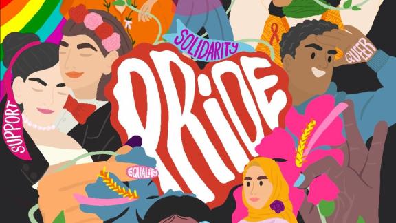  vibrant digital illustration of diverse LGBTQ+ people celebrating Pride. The word “PRIDE” is centered in large bold letters, surrounded by people of different gender expressions, skin tones, body types, and cultural backgrounds. Words like “Equality,” “Support,” “Access,” “Queer,” “Love,” and “Powerful” are woven through the design. 