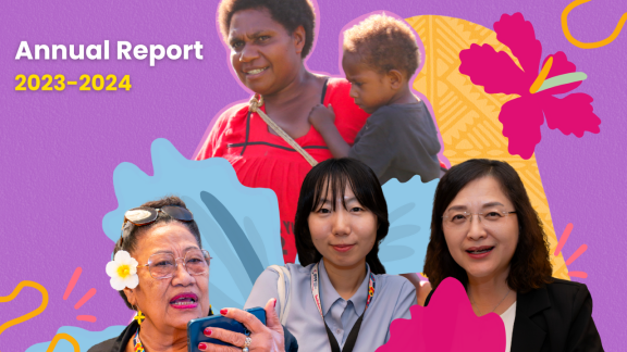 A vibrant collage-style cover featuring diverse people from the East, Southeast Asia, and Pacific regions. Centered are five individuals: an elderly Pacific Island woman holding a phone and wearing a flower in her hair; a Korean woman with a lanyard; an older East Asian woman smiling in black formalwear; a Papua New Guinean mother holding a young child; and two Indonesian women on a motorbike—one riding and one seated behind with a delivery bag. Bright floral and abstract design elements frame the figures a