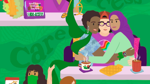 An illustration showing diverse people advocating for safe abortion, set against a green background with the words “Care,” “Access,” and “Choice.” At the top, a masked healthcare provider in purple holds a stethoscope beside a sign that reads “Get access to safe abortion” and a hotline number. In the middle, three people sit together in solidarity: one wearing a rainbow shirt, another in a hijab, and one draped in a green scarf, with tea and snacks on the table. 